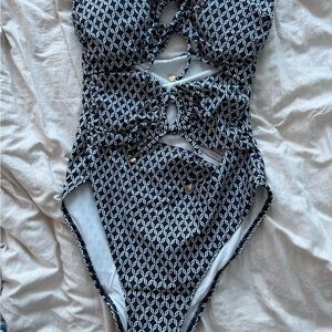 H&M Blue and White Strapless One Piece Swimsuit